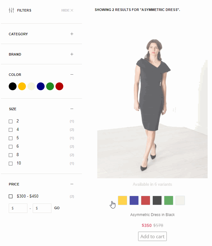 Color Swatch showcasing available variants. Shifting variant on click.