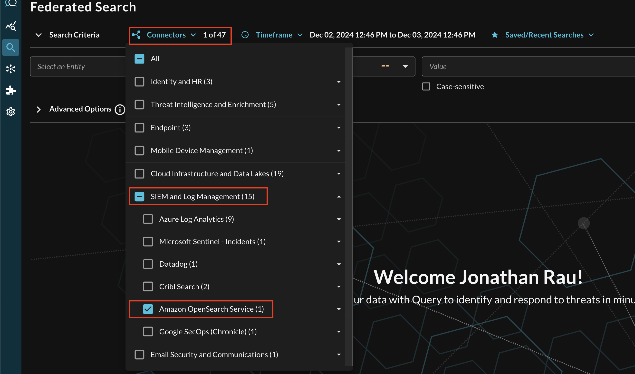 FIG. 11 - Selecting Amazon OpenSearch Service from the Query Connectors picker menu