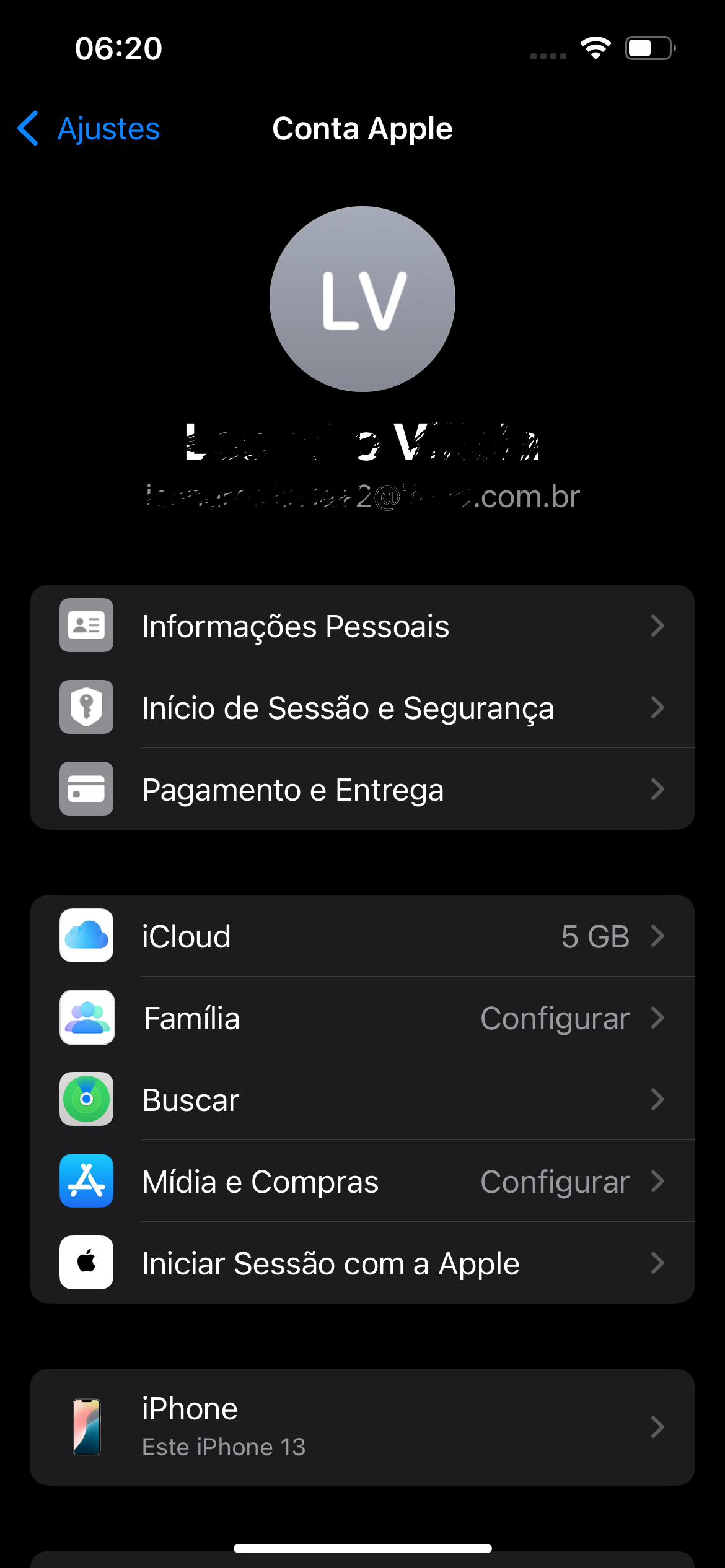 Configuração da conta sandbox no iPhone usando o usuário criado