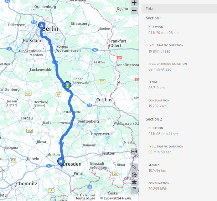 Simple EV route with auto-added charging stop