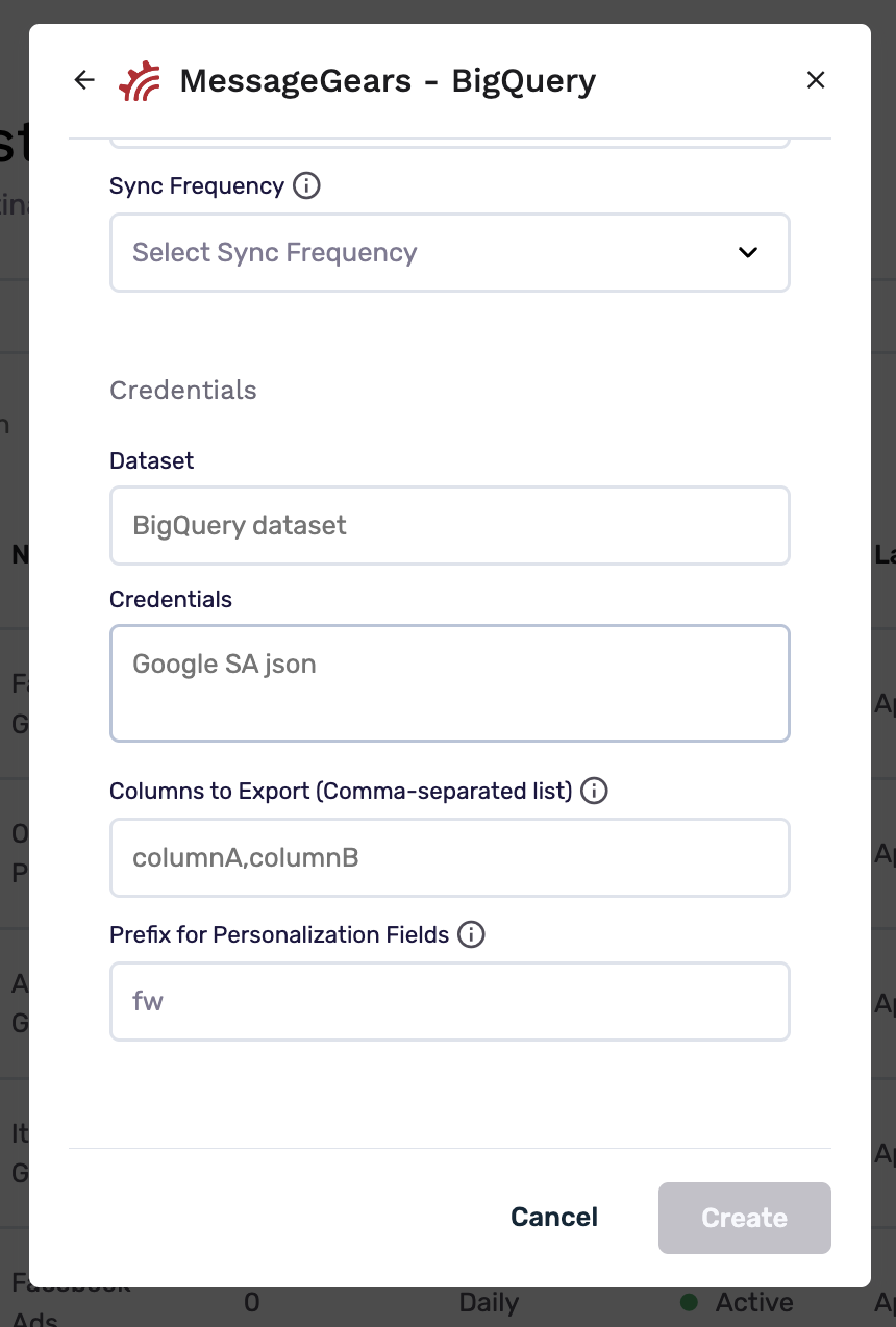 MessageGears - BigQuery destination setup form with sync frequency, dataset, credentials, columns to export, and personalization prefix fields.