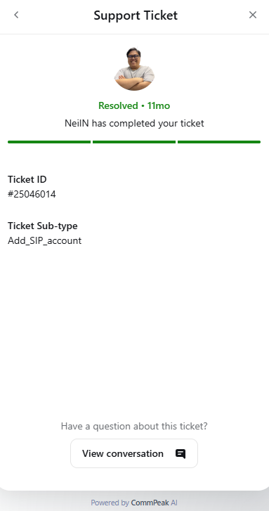 Screenshot of the chat with ticket details