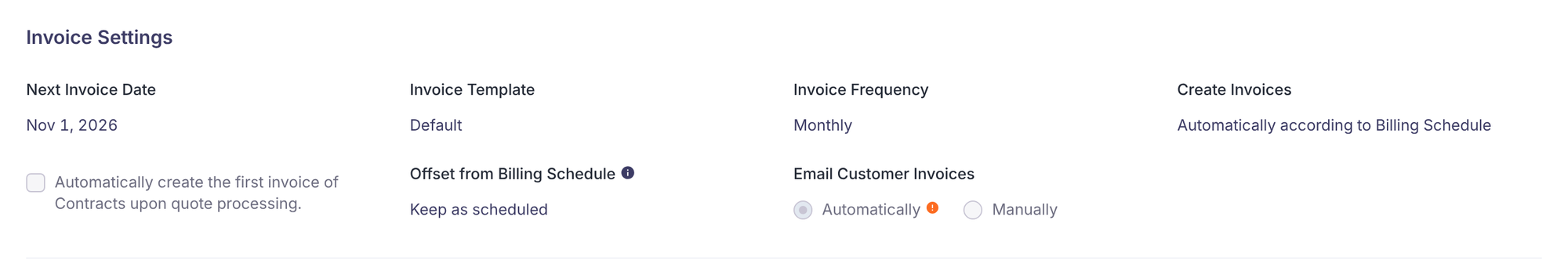 Invoice Settings section showing Next Invoice Date Nov 1, 2026; Invoice Template Default; Invoice Frequency Monthly; Create Invoices "Automatically according to Billing Schedule"; Offset from Billing Schedule "Keep as scheduled"; Email Customer Invoices set to Automatically.