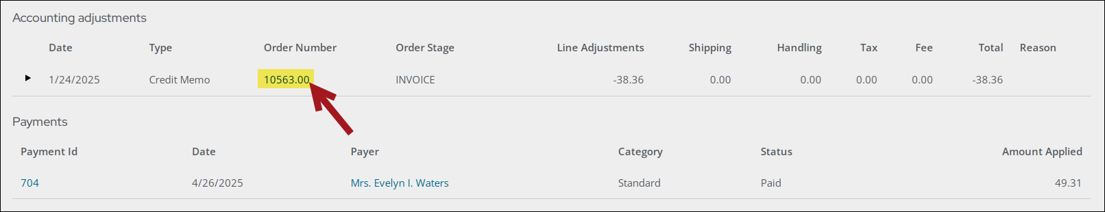An arrow pointing to the Order number link.