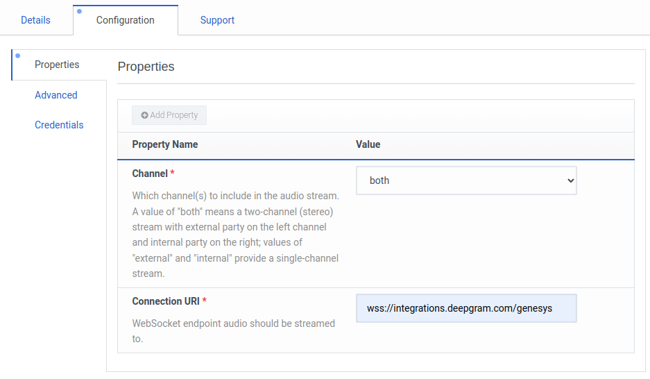 Under the configuration tab in properties you can set the channel and the Connection URI