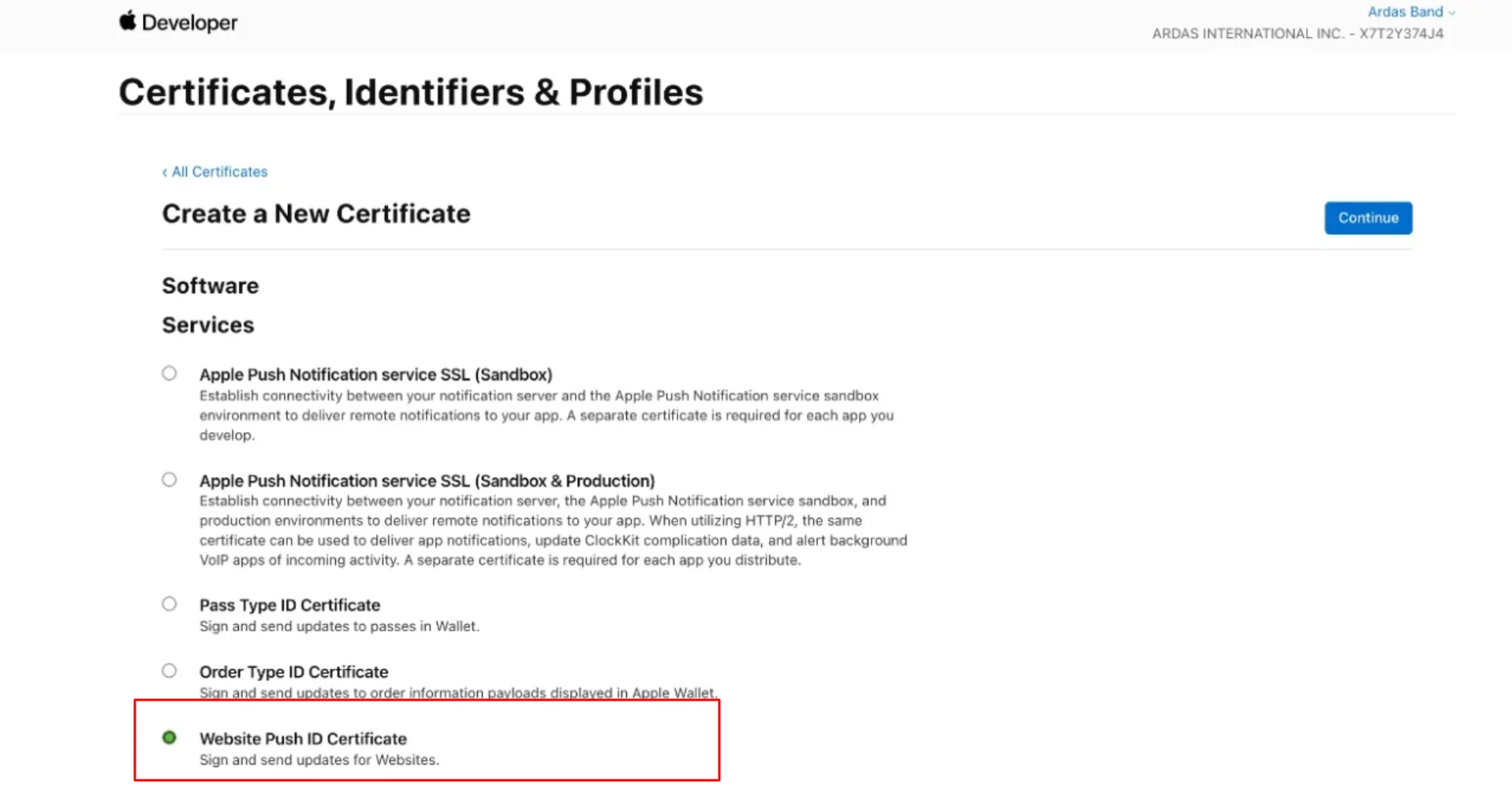 Website push ID certificate