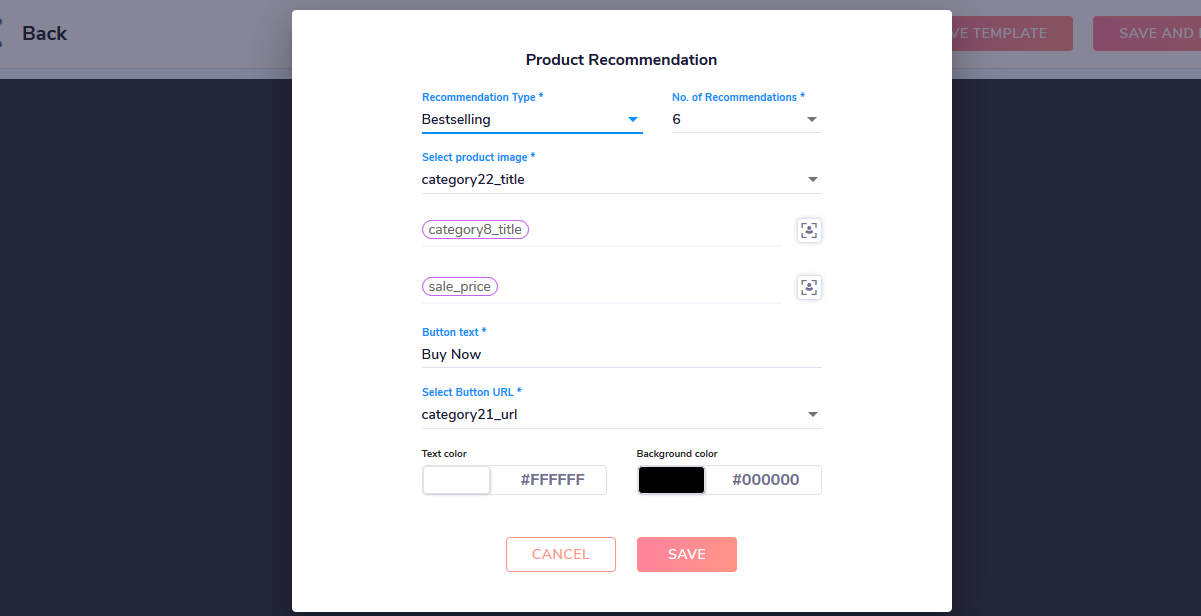 Configure Email template elements with Product Recommendation