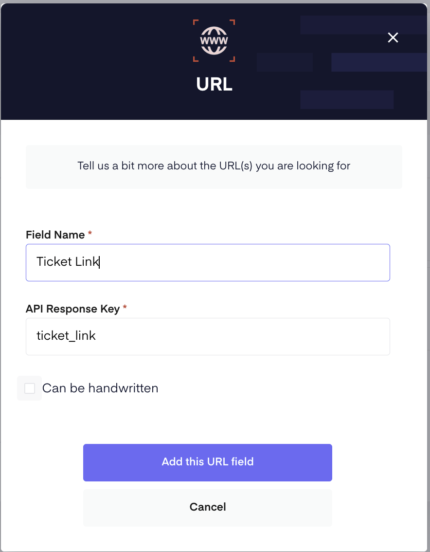 url field name and API response filled