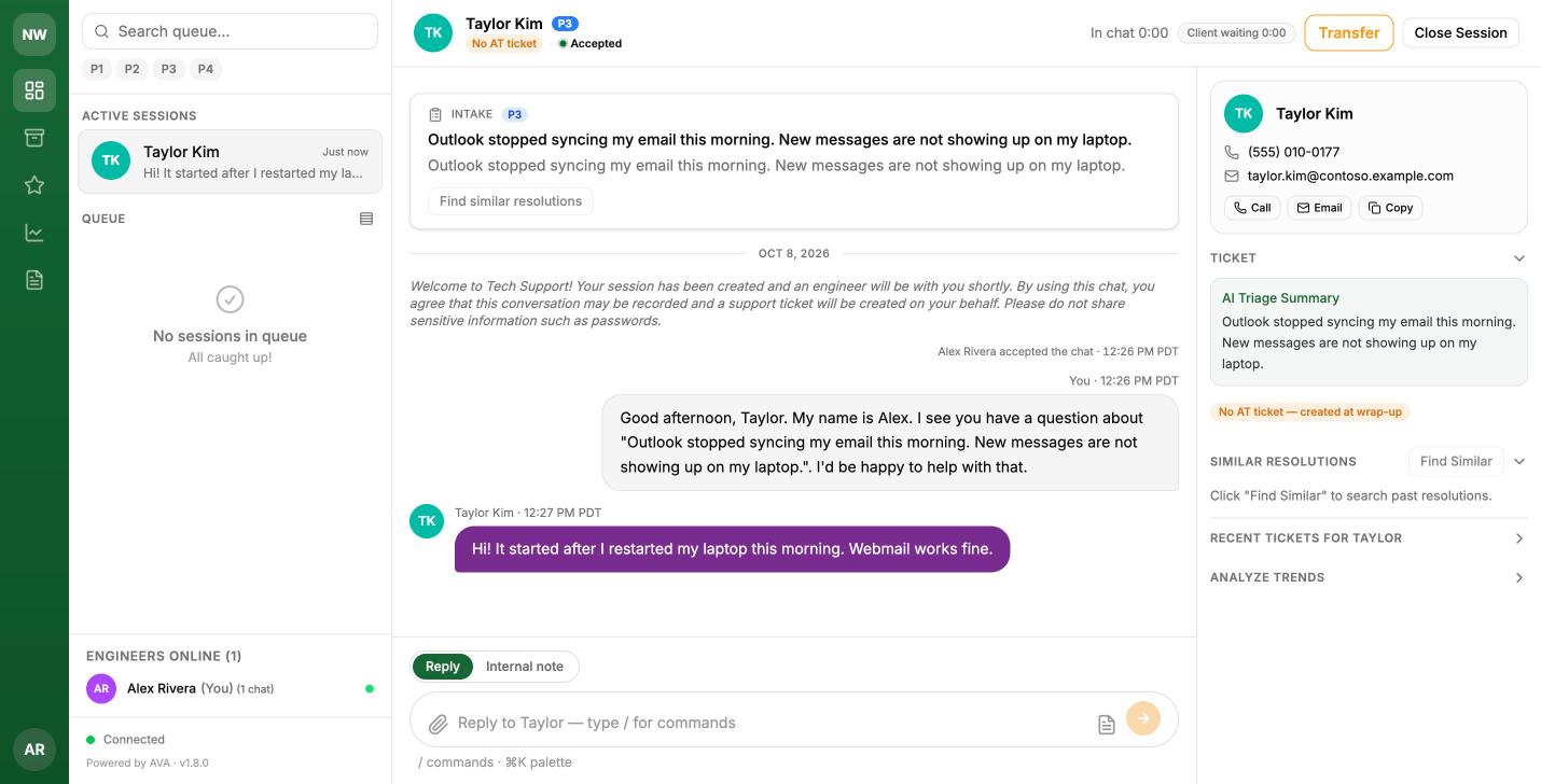 An active chat: header with progress, the Intake card, the transcript, the Contact card on the right, and the Reply / Internal note toggle above the reply box
