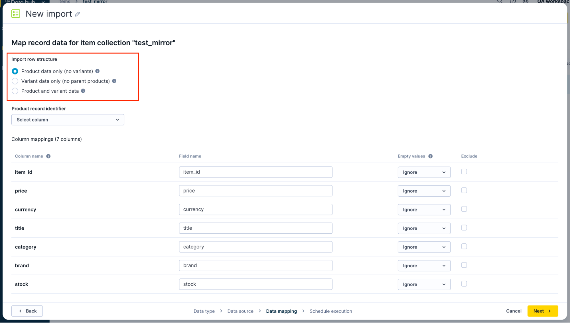 Import configuration panel in Bloomreach Data hub showing options to select product-only, variant-only, or mixed product and variant data structures for mapping records.