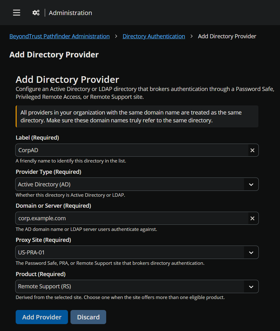 Add Directory Provider page with settings to configure an Active Directory or LDAP provider through a connected BeyondTrust product.