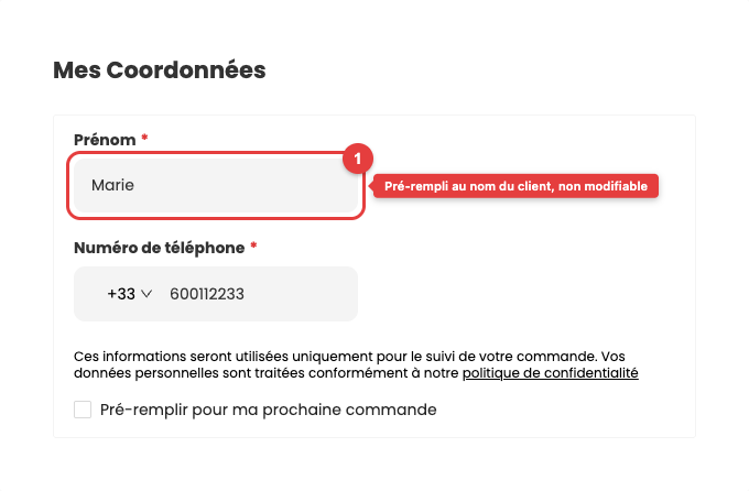 Site de commande en mode Centre d'appels : prénom et téléphone du client pré-remplis et non modifiables