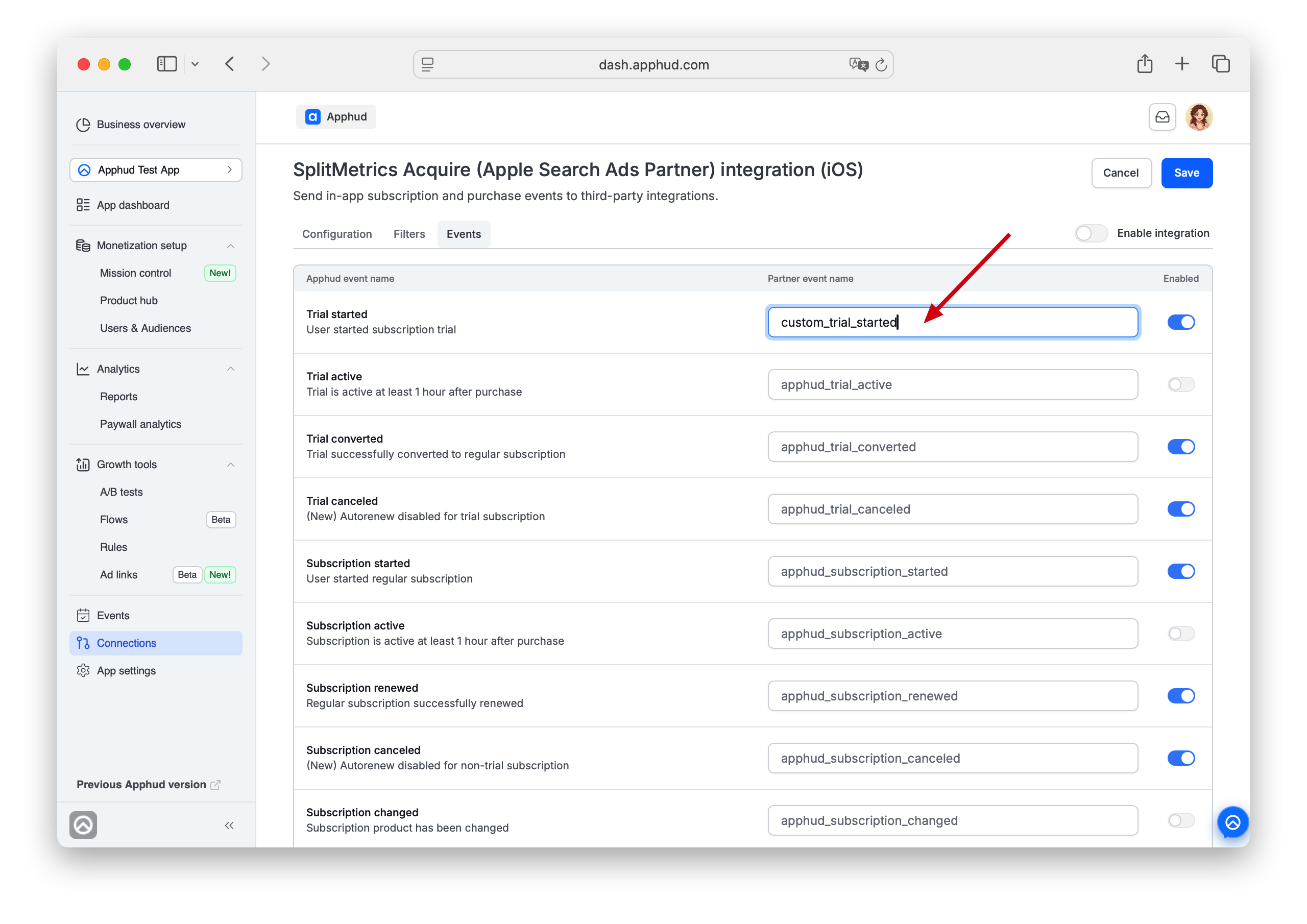 Apphud - SplitMetrics events configuration