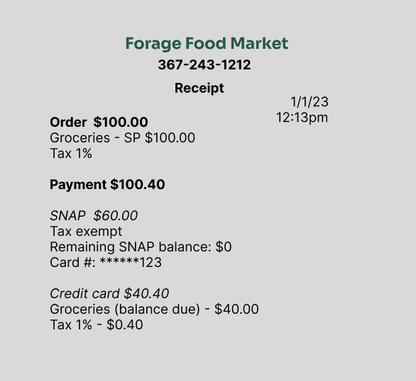 Example receipt lists the amounts described in the paragraph above on an order from Forage Market