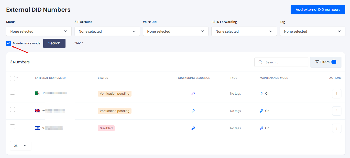 Screenshot of the numbers with the maintenance mode enabled