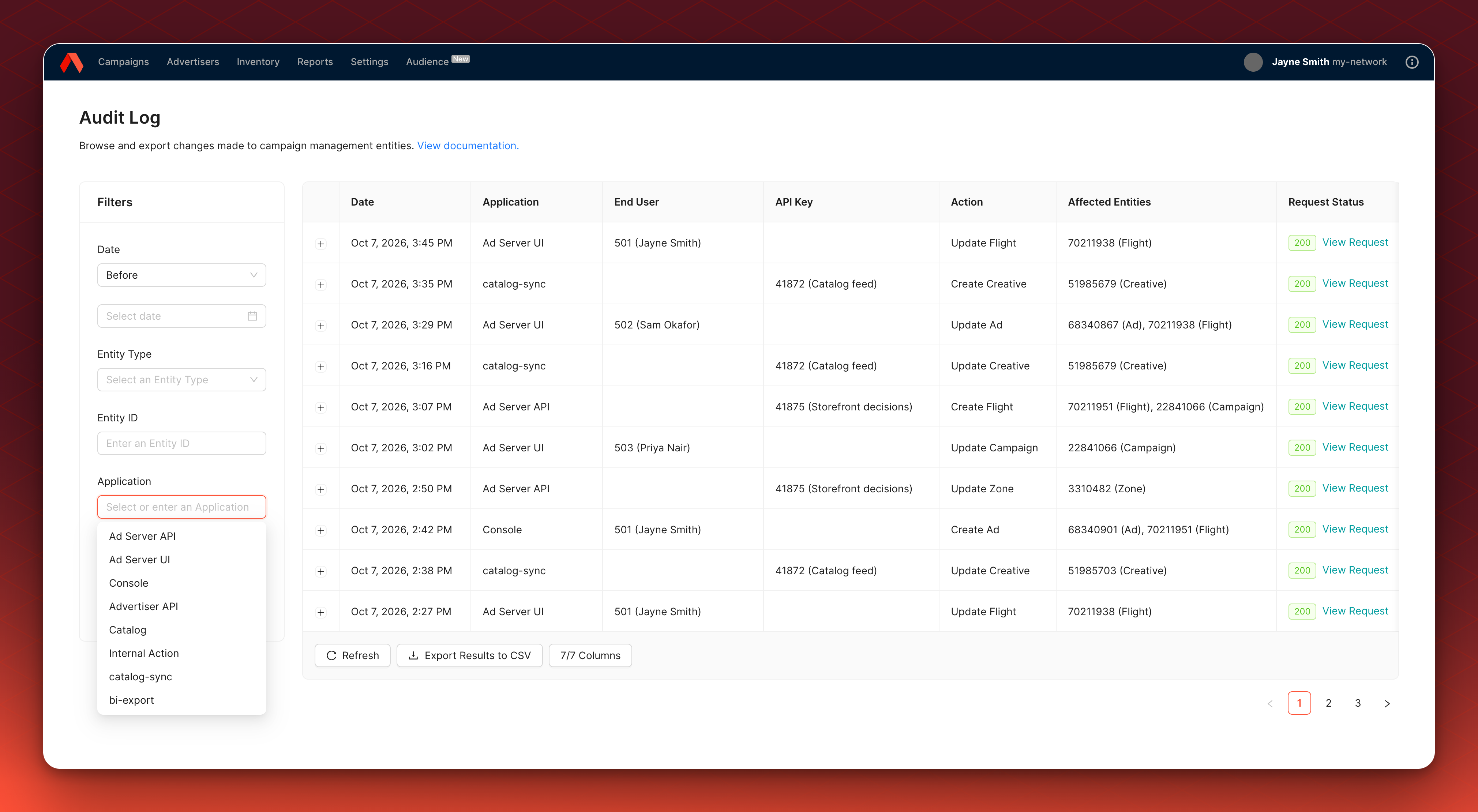 The Application filter open in the Audit Log, listing Ad Server API, Ad Server UI, Console, Advertiser API, Catalog, Internal Action, and the names catalog-sync and bi-export that were set on API keys.
