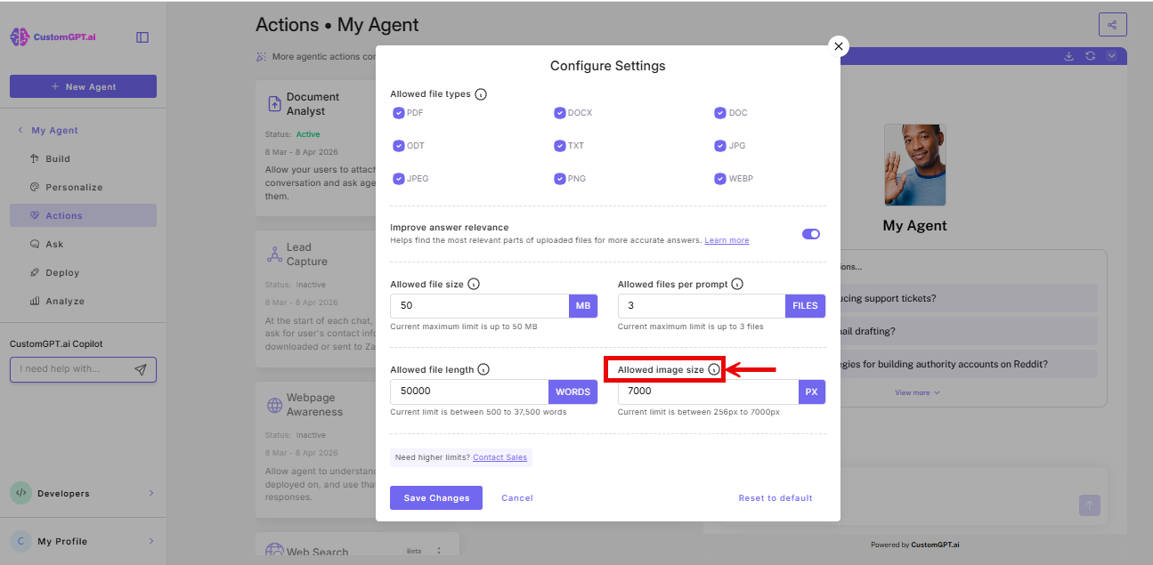 Screenshot of Allowed image size option in the configure settings of Document Analyst