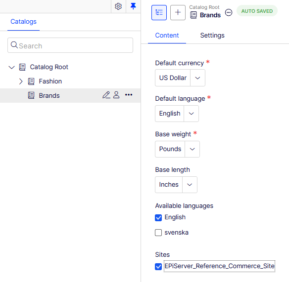 Screenshot of additional catalog properties displayed after creation, including Base length, Available languages, and Sites.