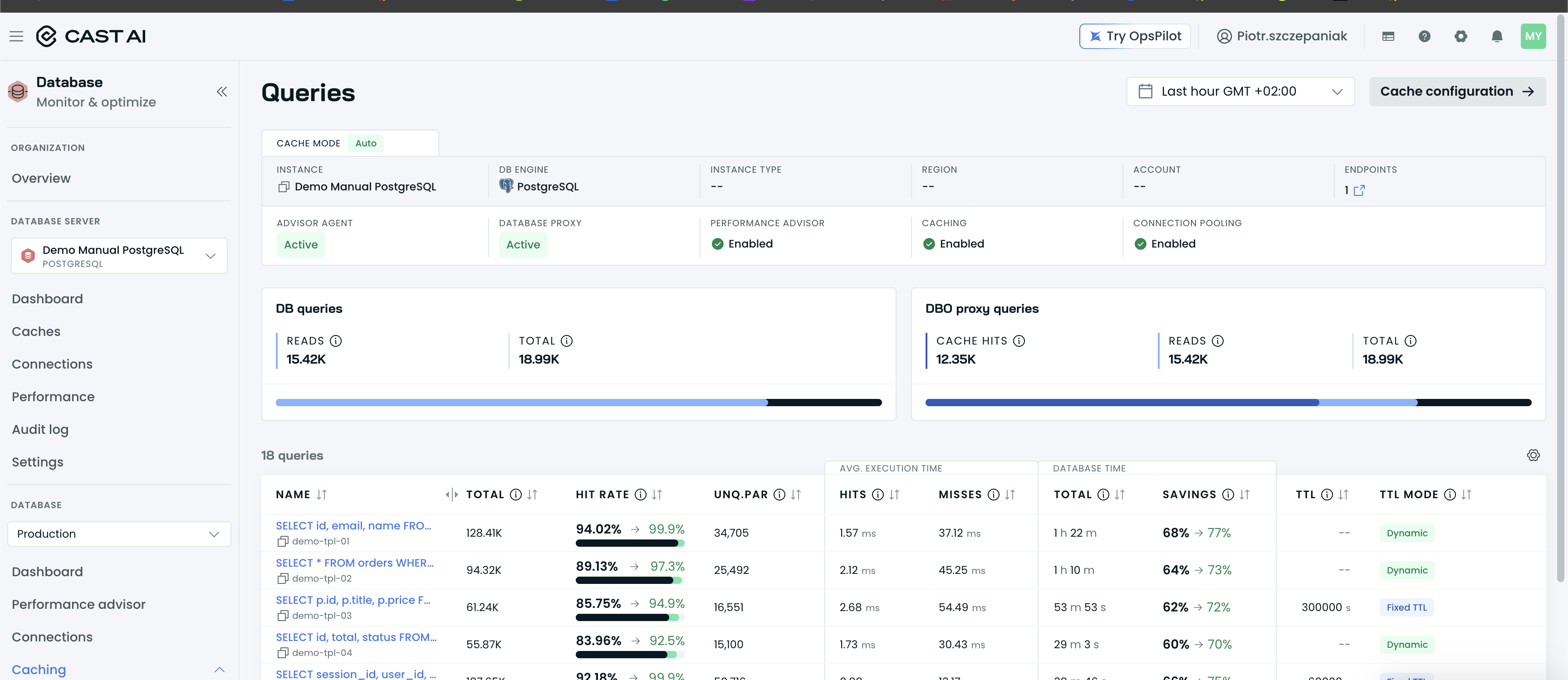 Database Caching Queries sub-tab table with the TTL and TTL MODE columns showing Dynamic and Fixed TTL badges