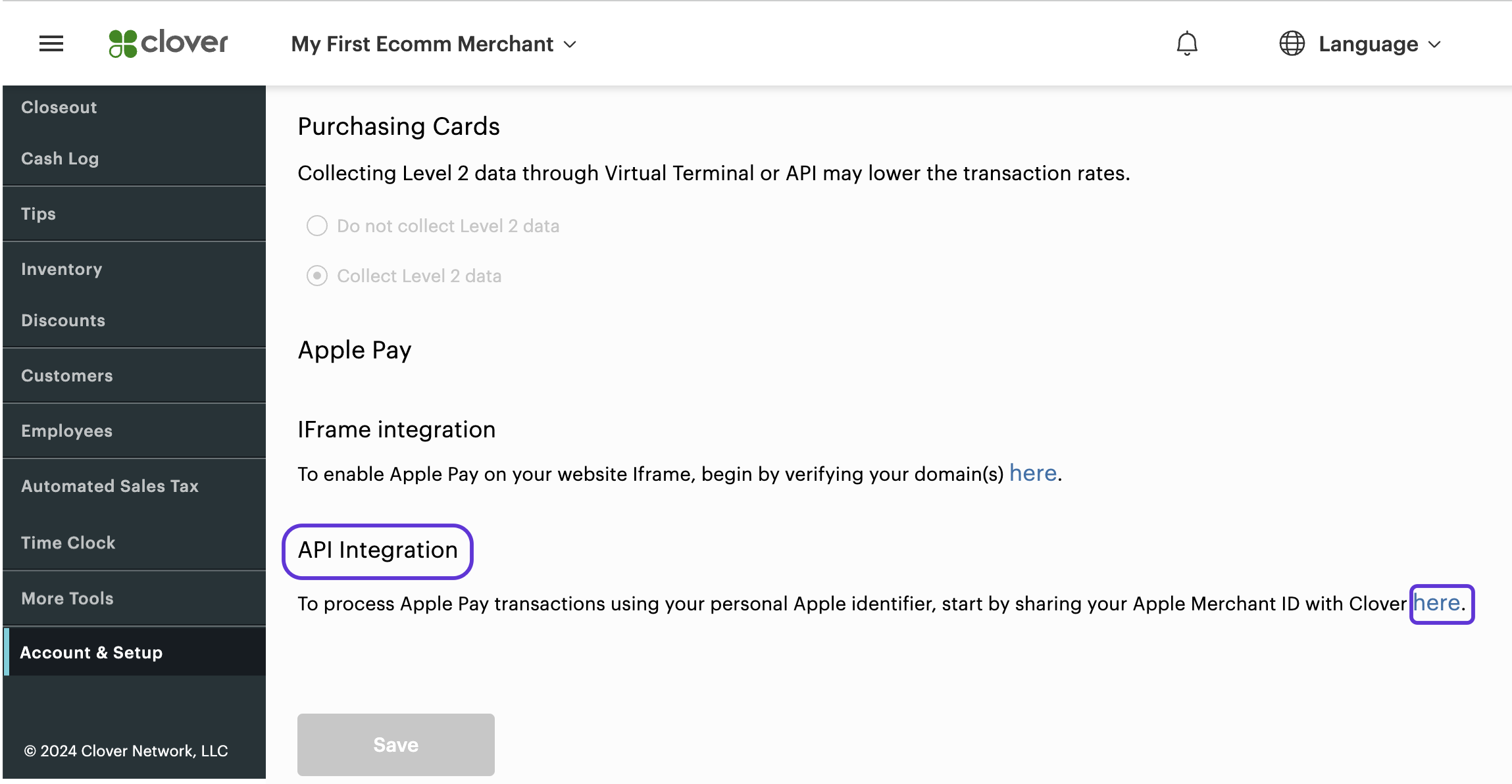 Clover Merchant Dashboard: Ecommerce Payments page > Apple Pay section > API Integration