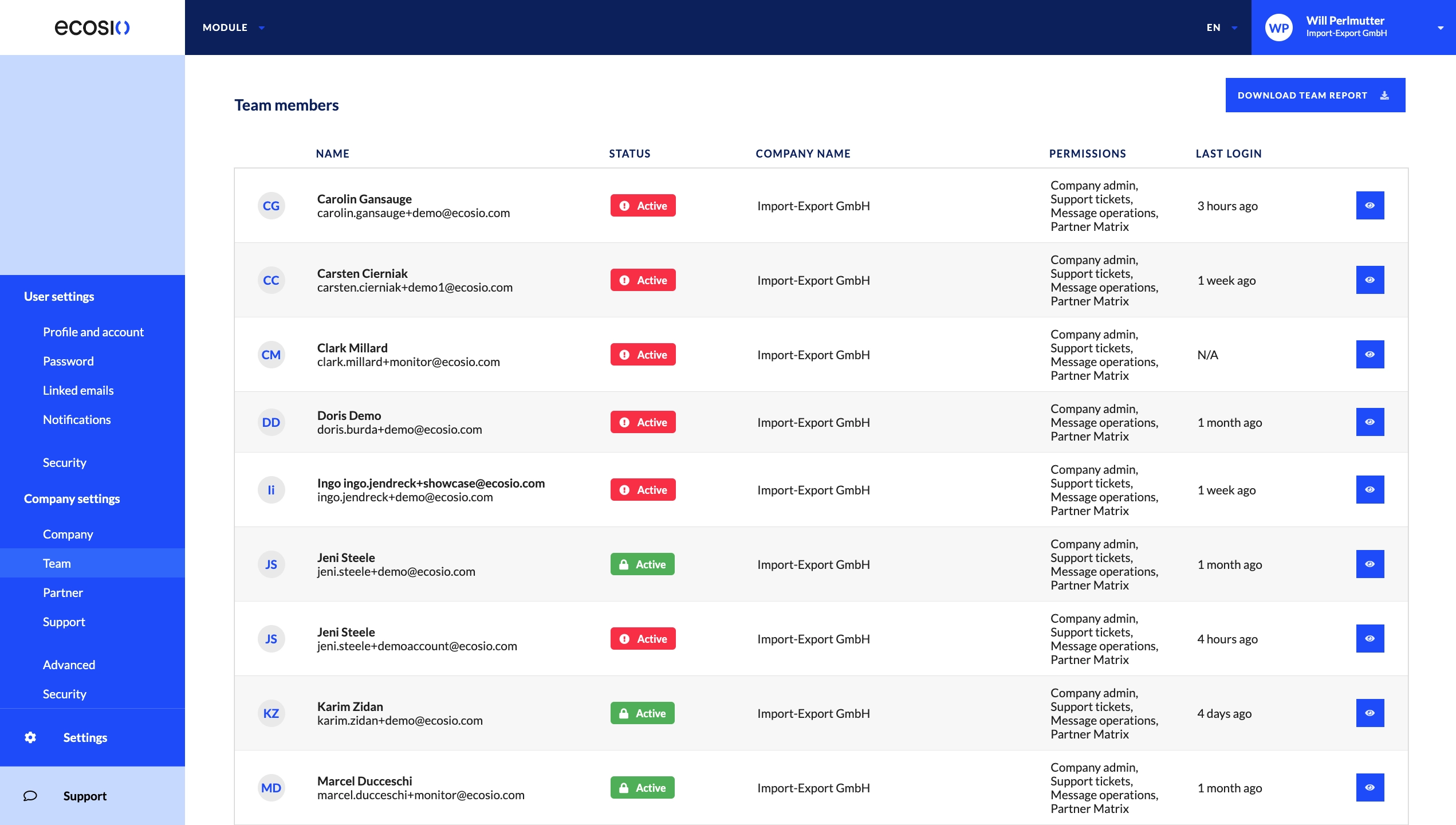 Team tab in Company settings.