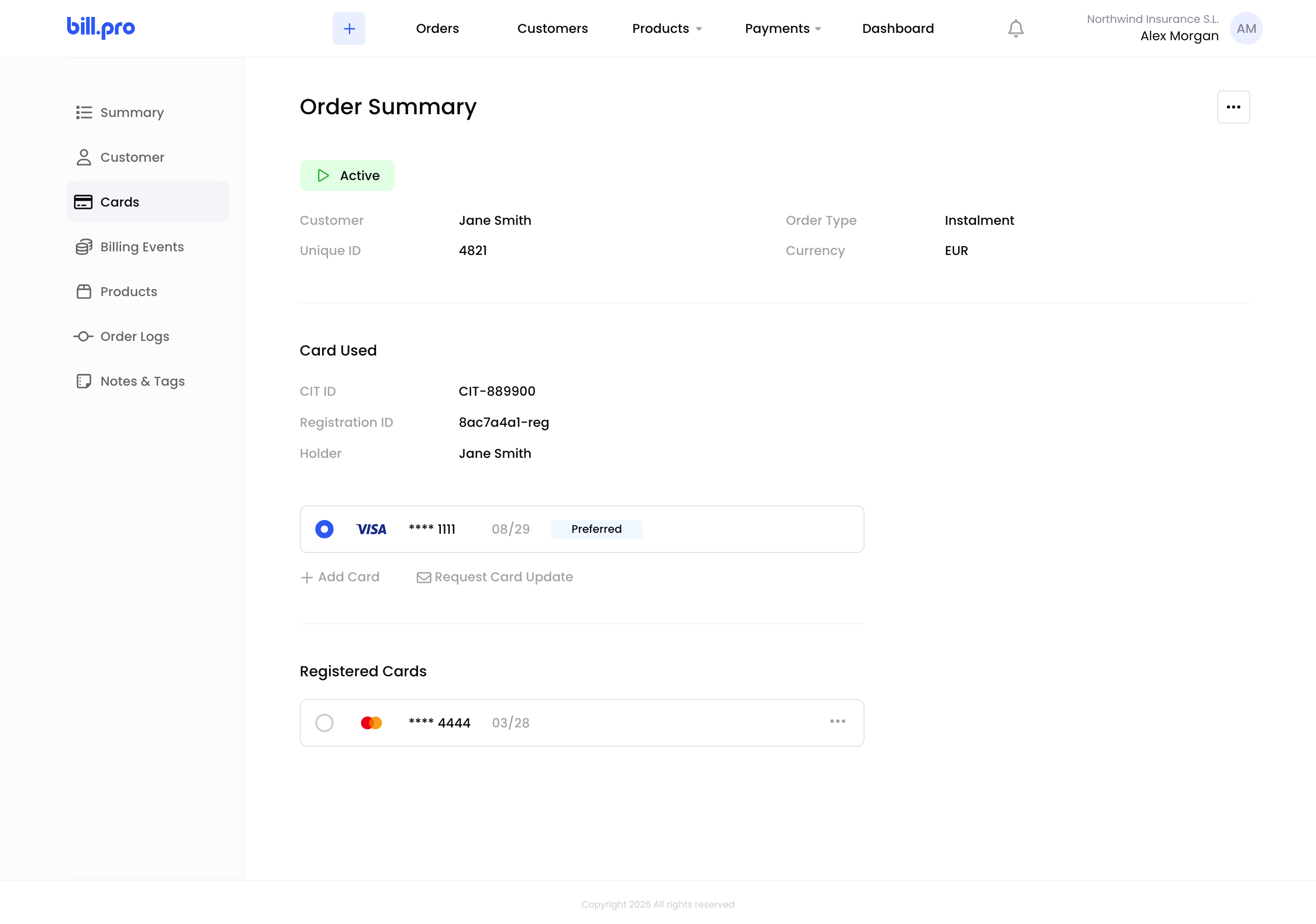 The Cards tab with Add Card, Request Card Update and another registered card