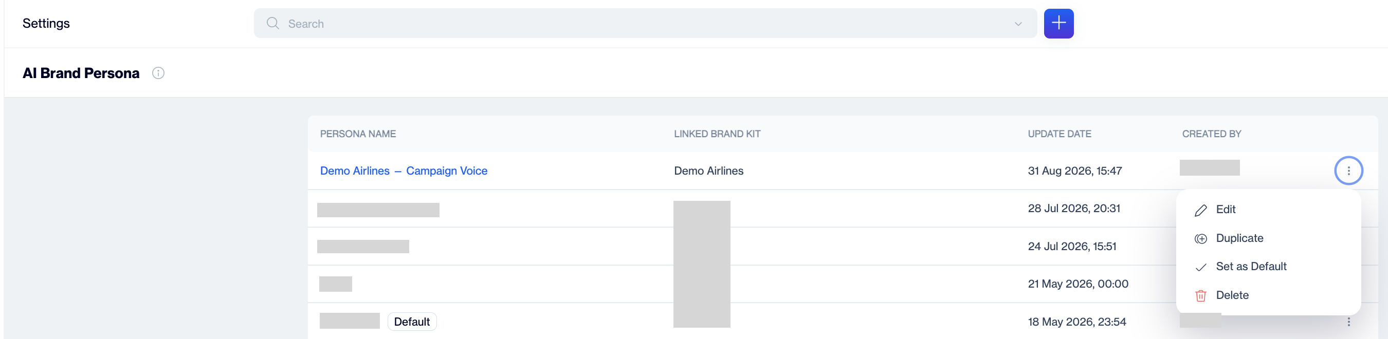 AI Brand Persona list page in Dengage showing the Persona Name, Linked Brand Kit, Update Date and Created By columns, a Default badge on one row, and an open three-dot menu with Edit, Duplicate, Set as Default and Delete options.