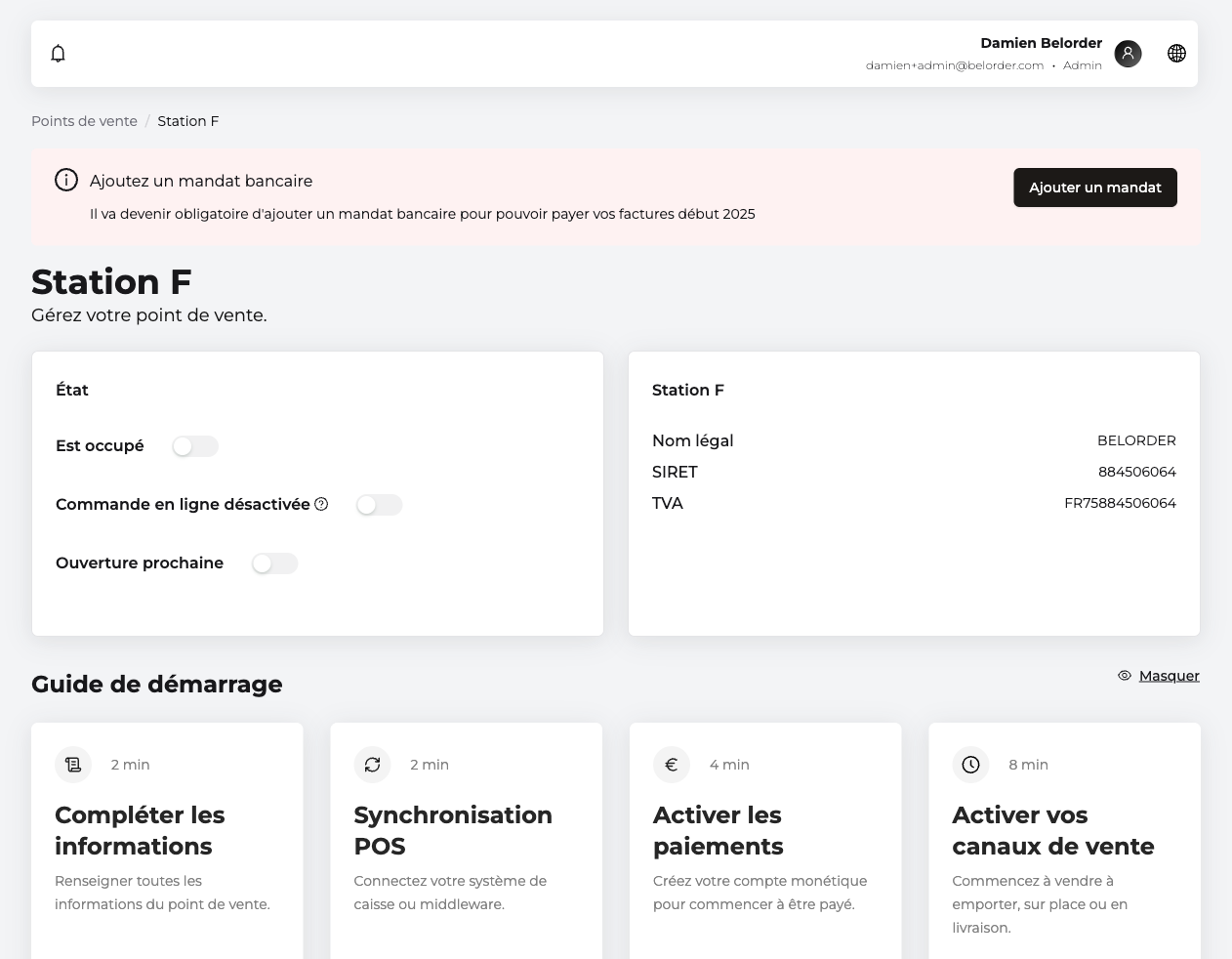 Fiche d'un point de vente avec le Guide de démarrage