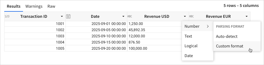 A preview of the parsed data with the Revenue USD column menu open and the Number submenu displaying Auto-detect and Custom format parsing options