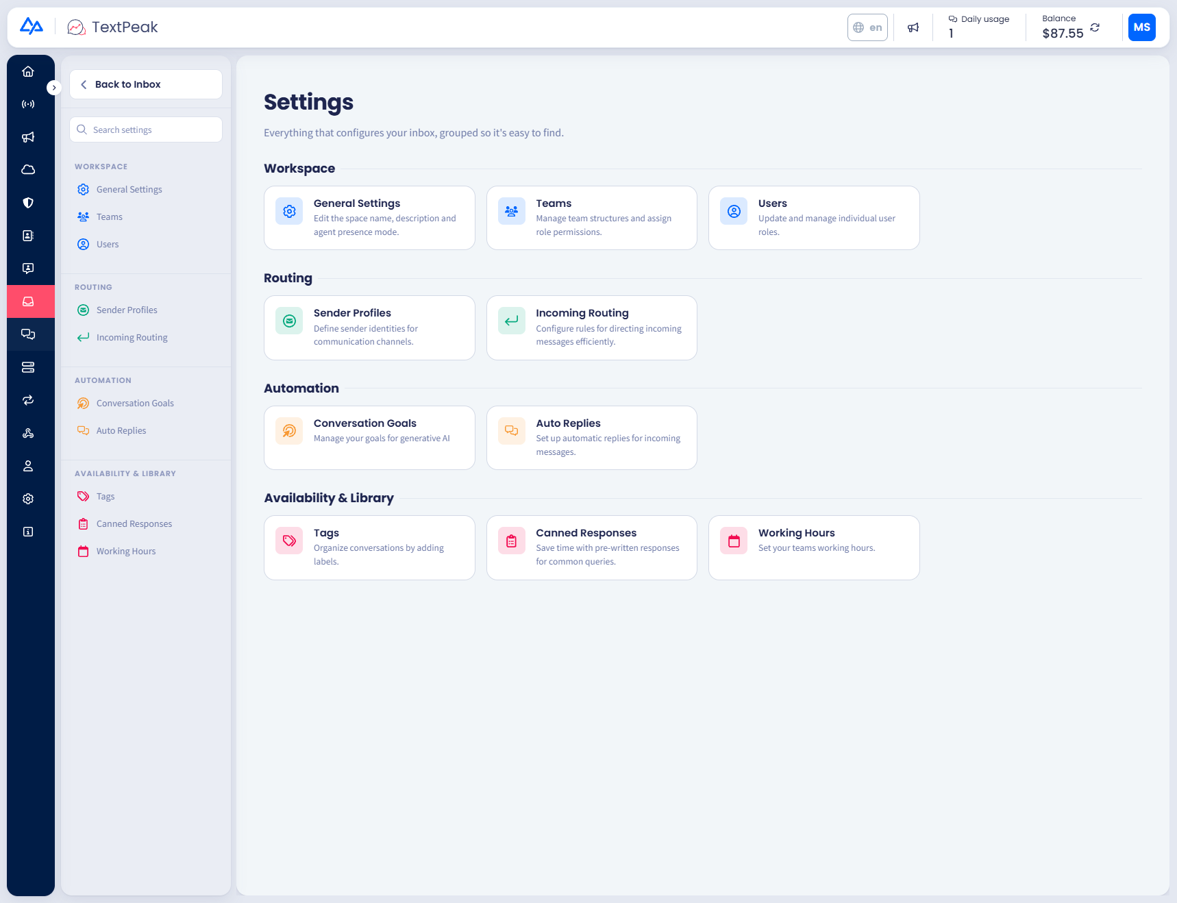 A screenshot of the Inbox > Settings page