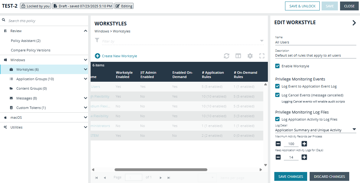 Privilege monitoring options in the EPM Policy Editor
