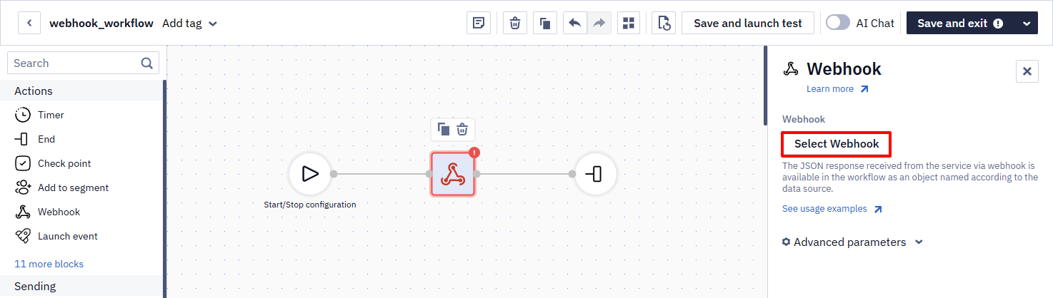 Workflow canvas with a Webhook block selected, showing its settings panel on the right with the Select webhook button highlighted