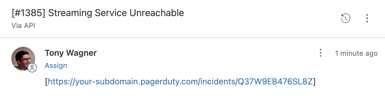 A screenshot of the Zendesk UI displaying a linked PagerDuty incident