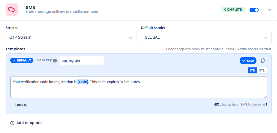 Screenshot with setting SMS delivery to mobile numbers