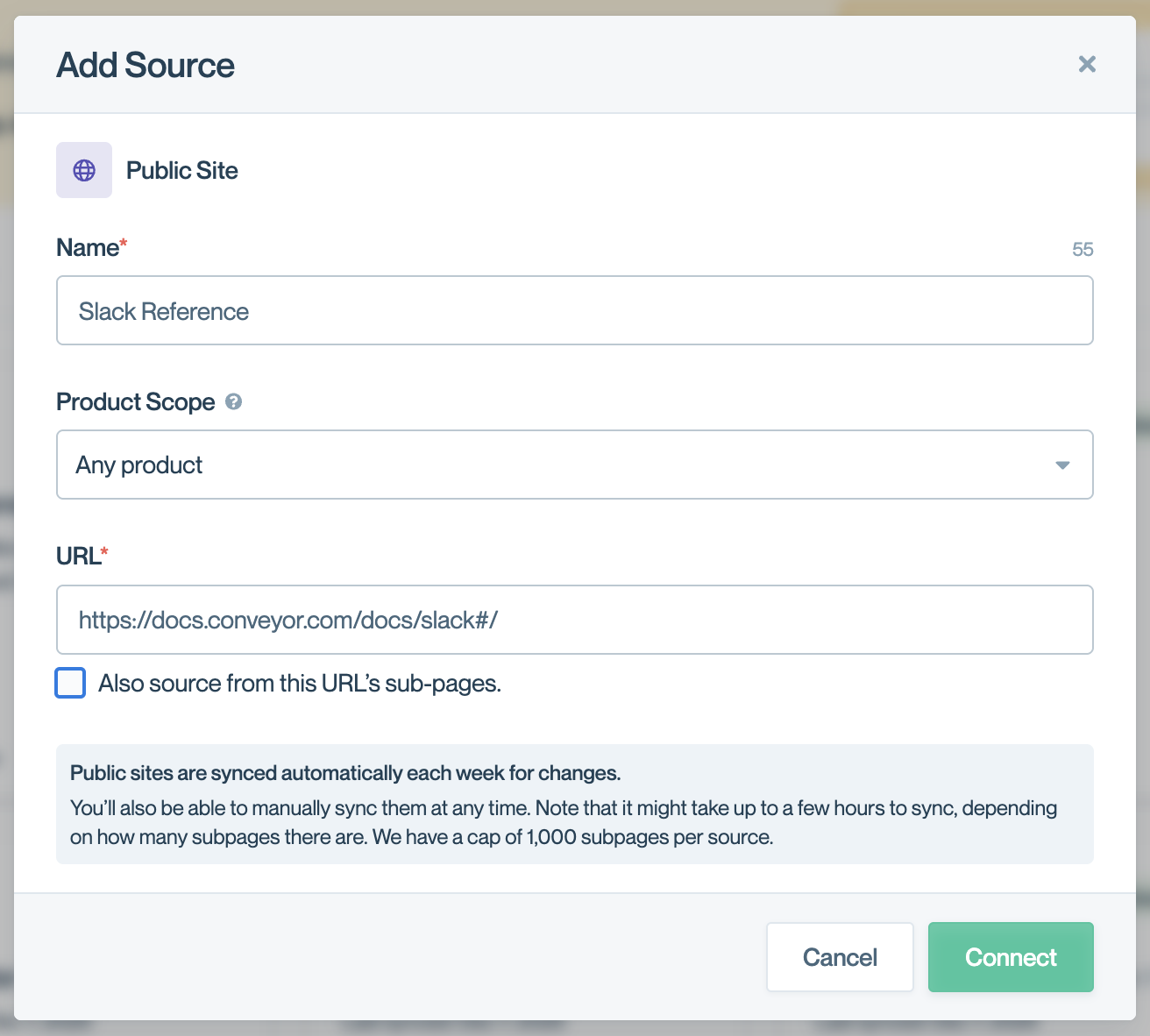 Add Public Site modal showing fields for name, product scope, URL, and subpage crawling option