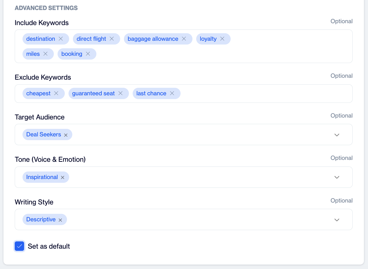 Advanced Settings section of the AI Brand Persona screen with keyword tags in the Include Keywords and Exclude Keywords fields, selected values in the Target Audience, Tone and Writing Style dropdowns, and the Set as default checkbox.