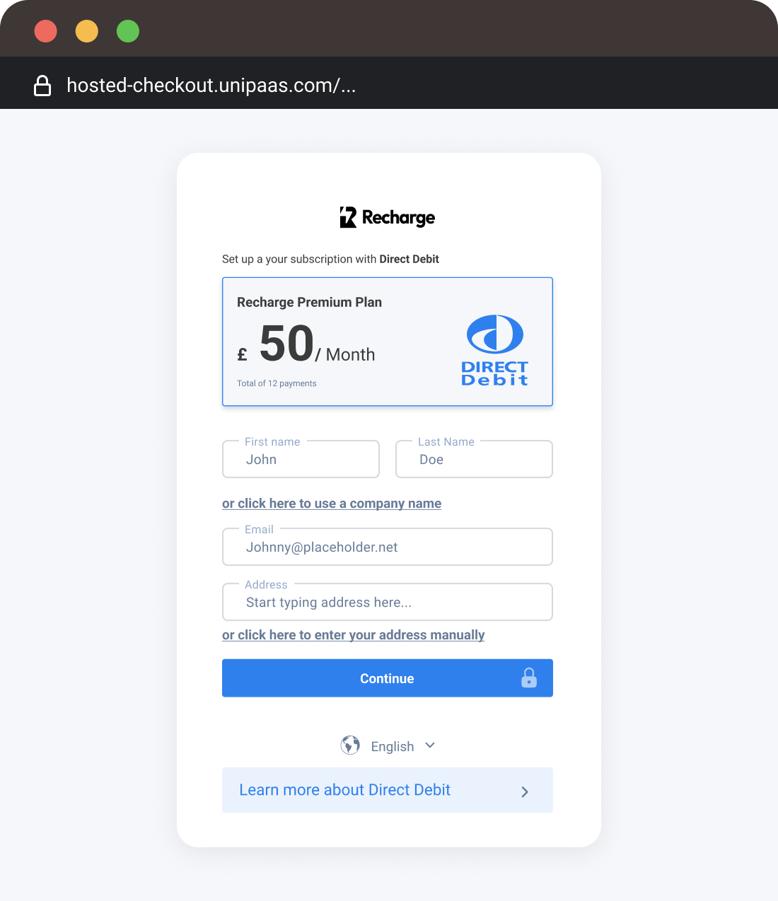 Example: Hosted checkout page displaying the Direct Debit mandate setup for a new subscription