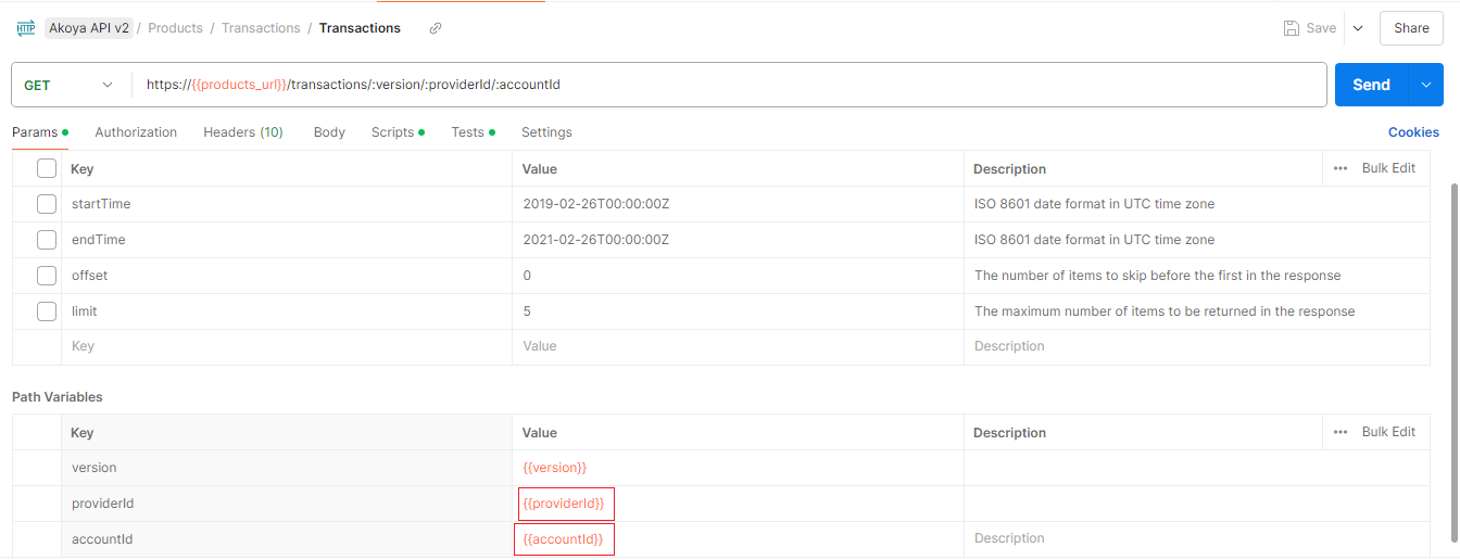 Postman screen - Transactions endpoint