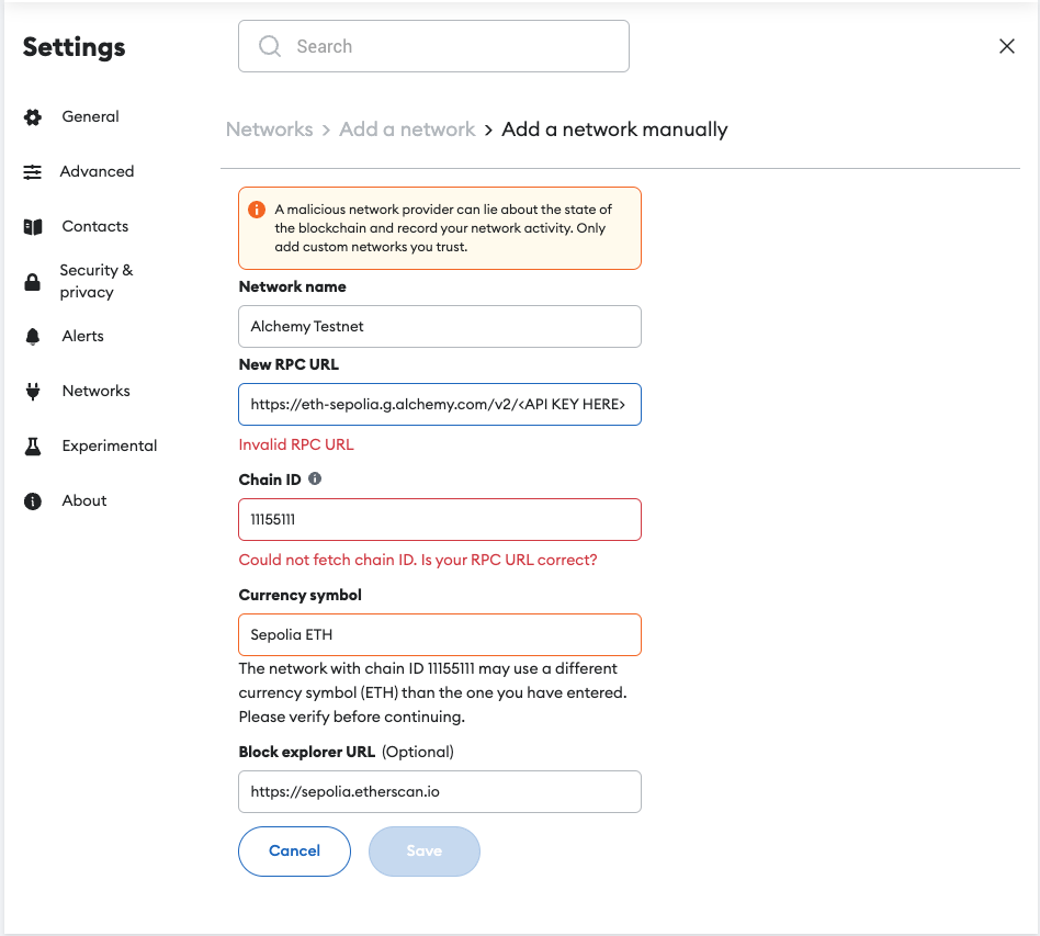 Fill in the Sepolia Network and RPC Url