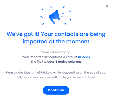 Screenshot of the importing contacts notification