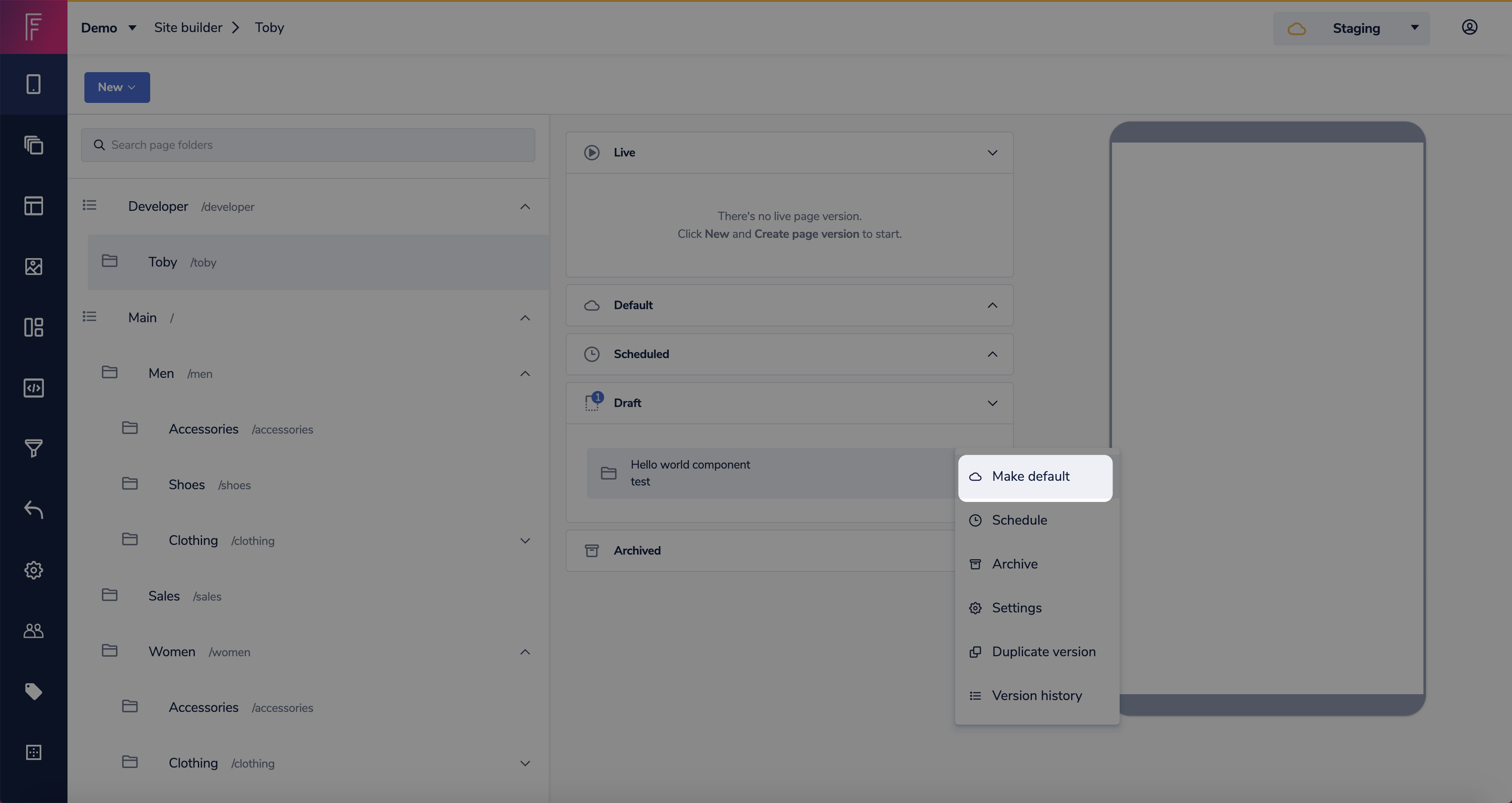 Click the more icon on your page version and select make default.png