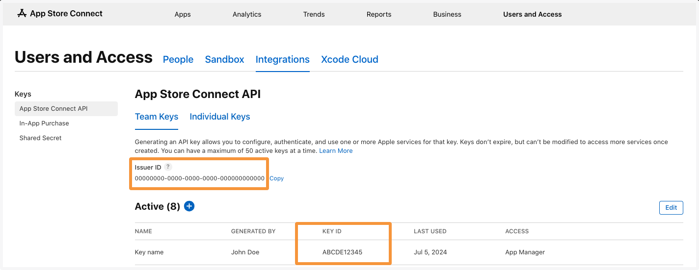 Where to find Issuer ID and Key ID in App Store Connect 