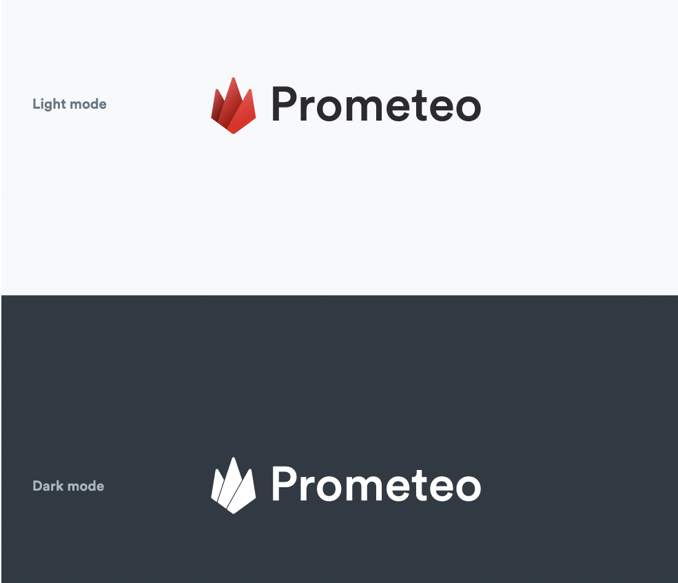 Logotipo de Prometeo: aplicación en fondo blanco y oscuro.