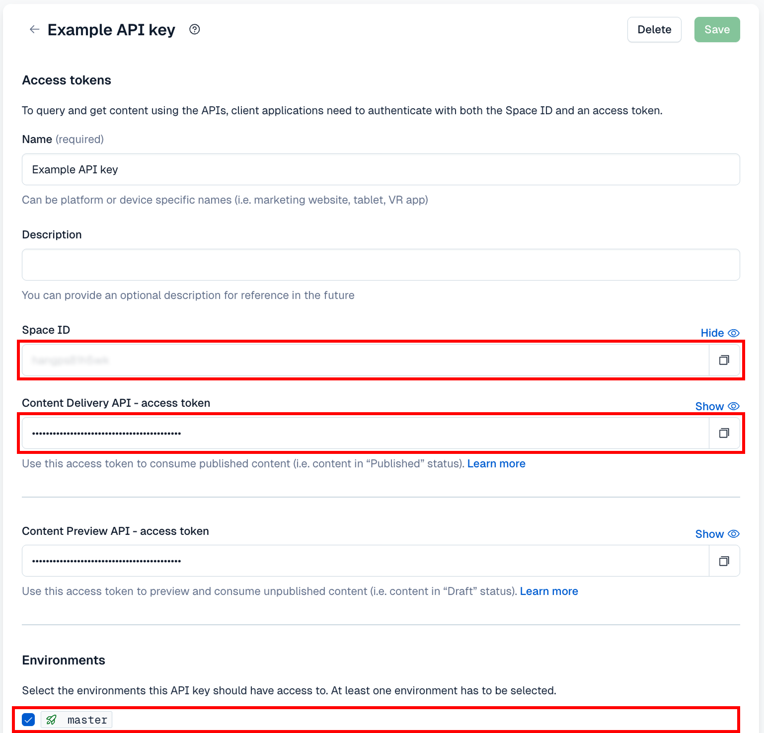 Contentful credentials showing space ID, environment ID, and access token