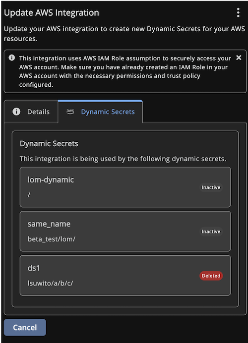 Dynamic Secrets tab on a connector drawer listing associated dynamic secrets.