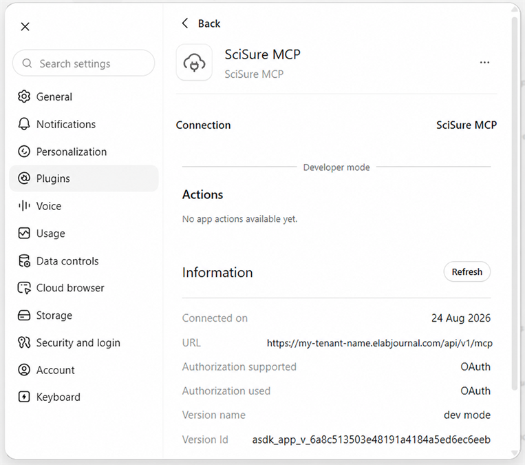 Installed SciSure MCP plugin showing the tenant MCP URL and OAuth connection information