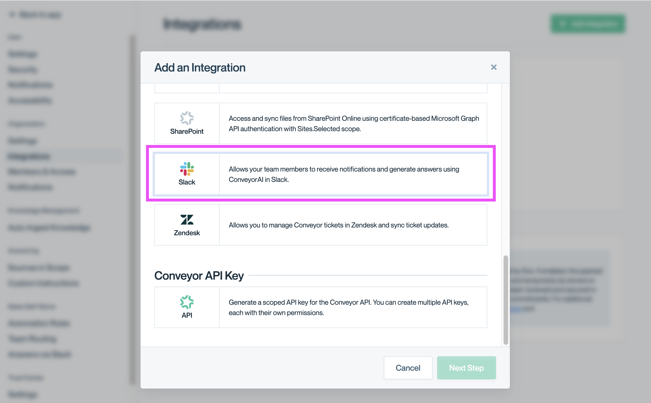 The Add an Integration dialog in Conveyor with the Slack option highlighted, described as 'Allows your team members to receive notifications and generate answers using ConveyorAI in Slack.