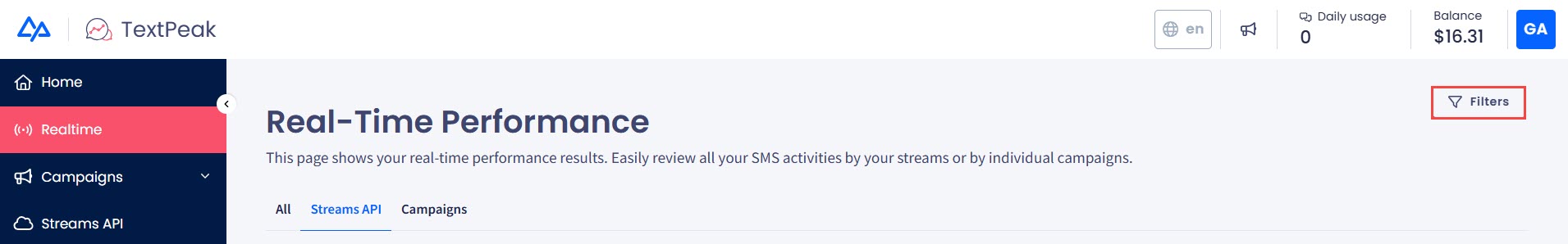 Screenshot of the Filters button