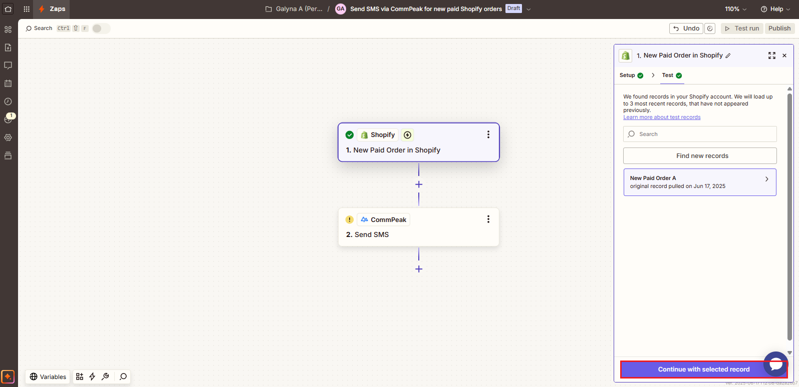 Screenshot of the option to continue with selected record