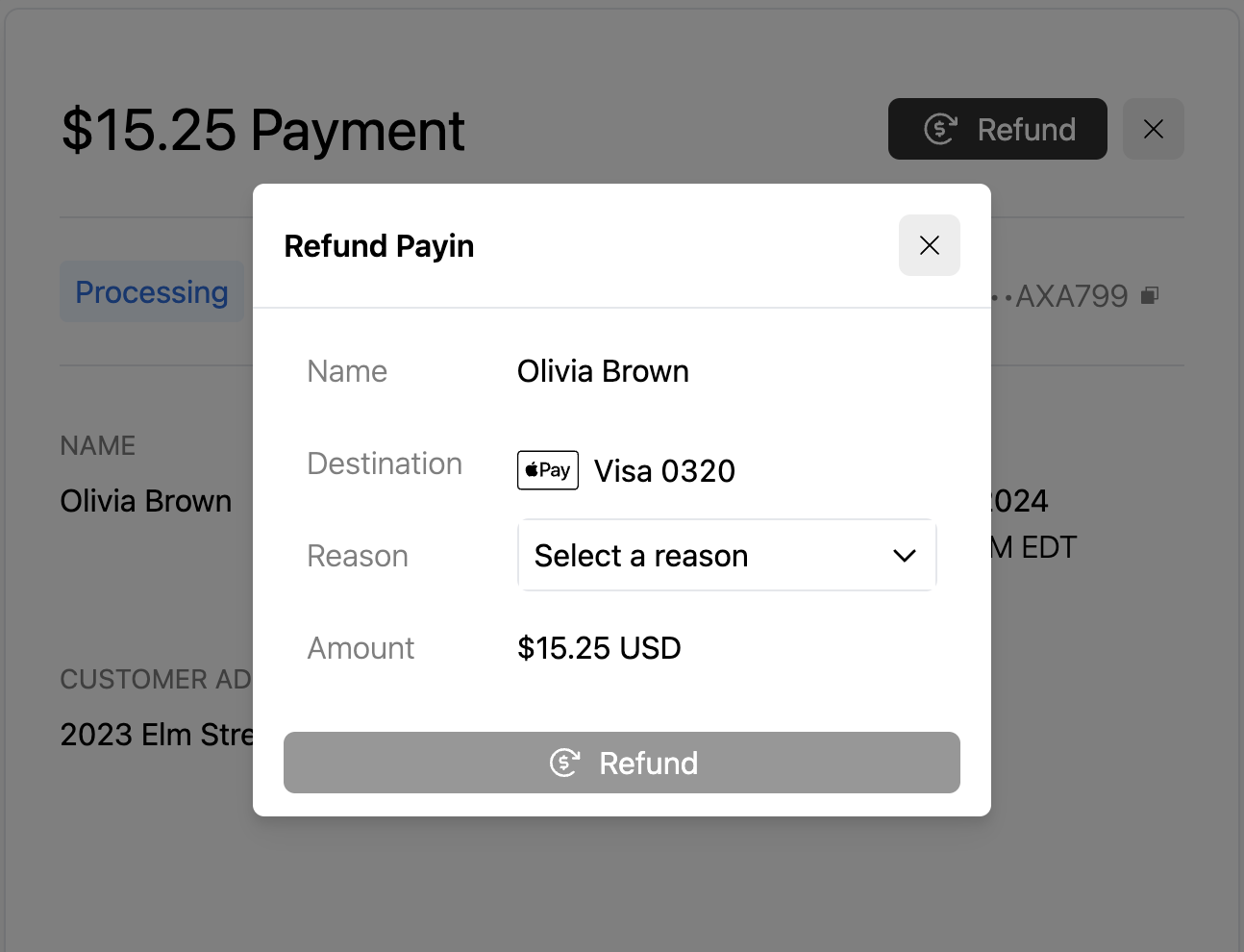 Refund modal for "cancel" with the full amount of $15.25